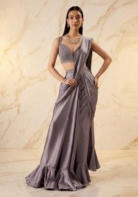 Sage Purple Embroidered Handwork Pre Draped Saree Set