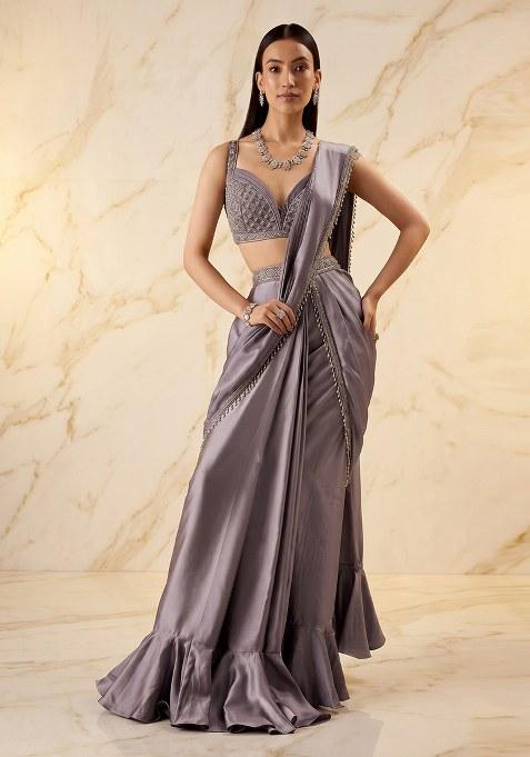 Sage Purple Embroidered Handwork Pre Draped Saree Set