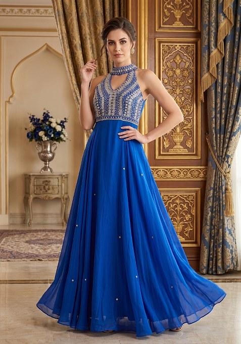 Dark Blue Embroidered Handwork Anarkali With Dupatta