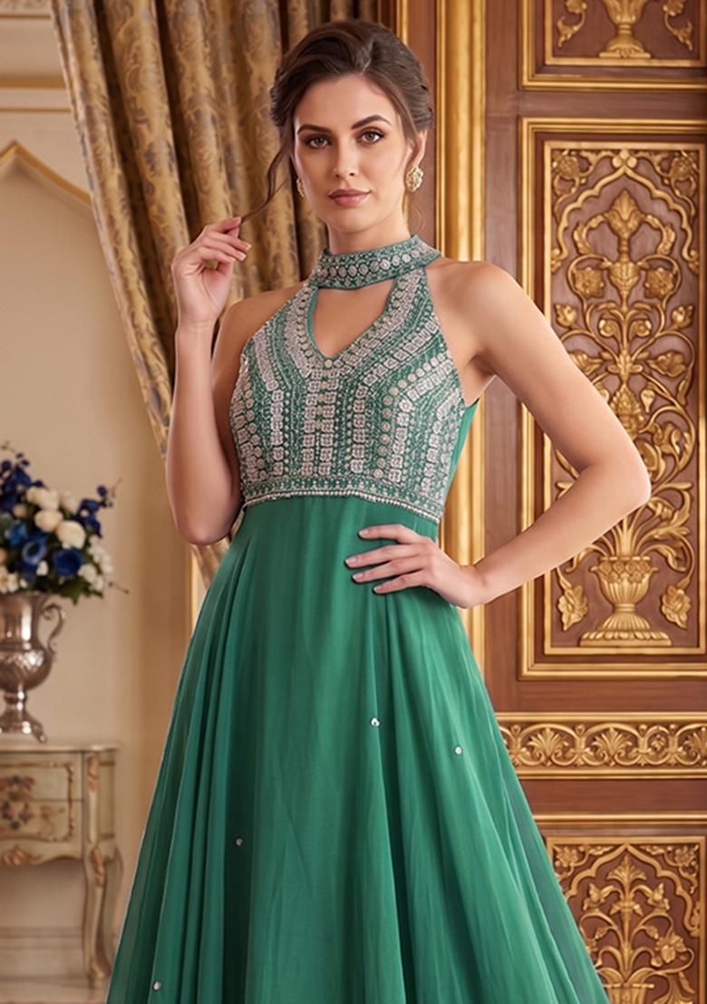 Green Embroidered Handwork Anarkali With Dupatta - Indya