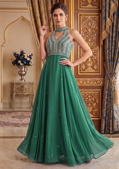 Green Embroidered Handwork Anarkali With Dupatta