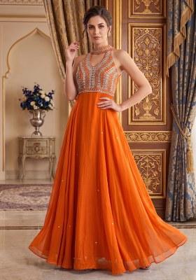 Orange Embroidered Handwork Anarkali With Dupatta
