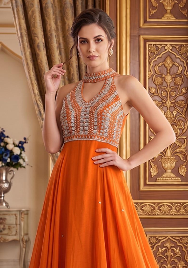 Orange Embroidered Handwork Anarkali With Dupatta - Indya