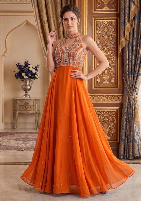Orange Embroidered Handwork Anarkali With Dupatta