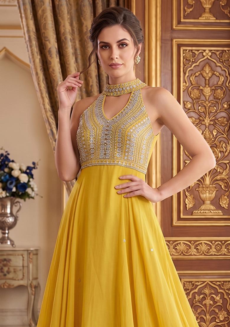 Yellow Embroidered Handwork Anarkali With Dupatta - Indya