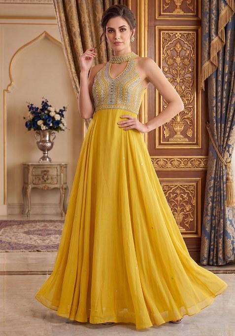 Yellow Embroidered Handwork Anarkali With Dupatta