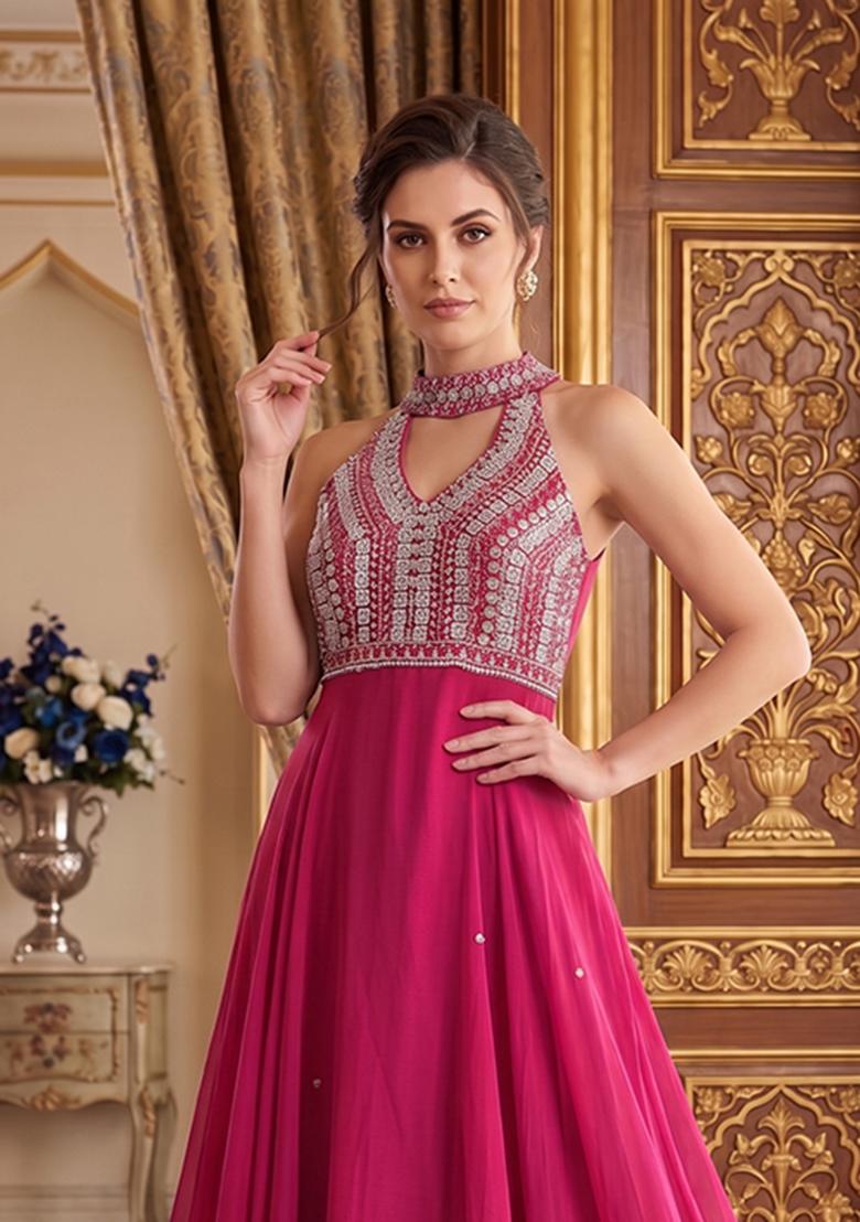 Dark Pink Embroidered Handwork Anarkali With Dupatta - Indya
