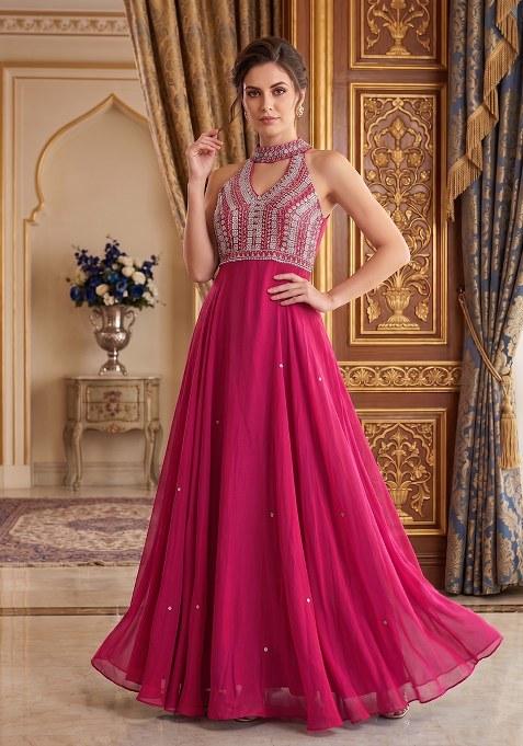 Dark Pink Embroidered Handwork Anarkali With Dupatta
