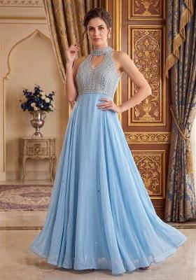 Blue Embroidered Handwork Anarkali With Dupatta