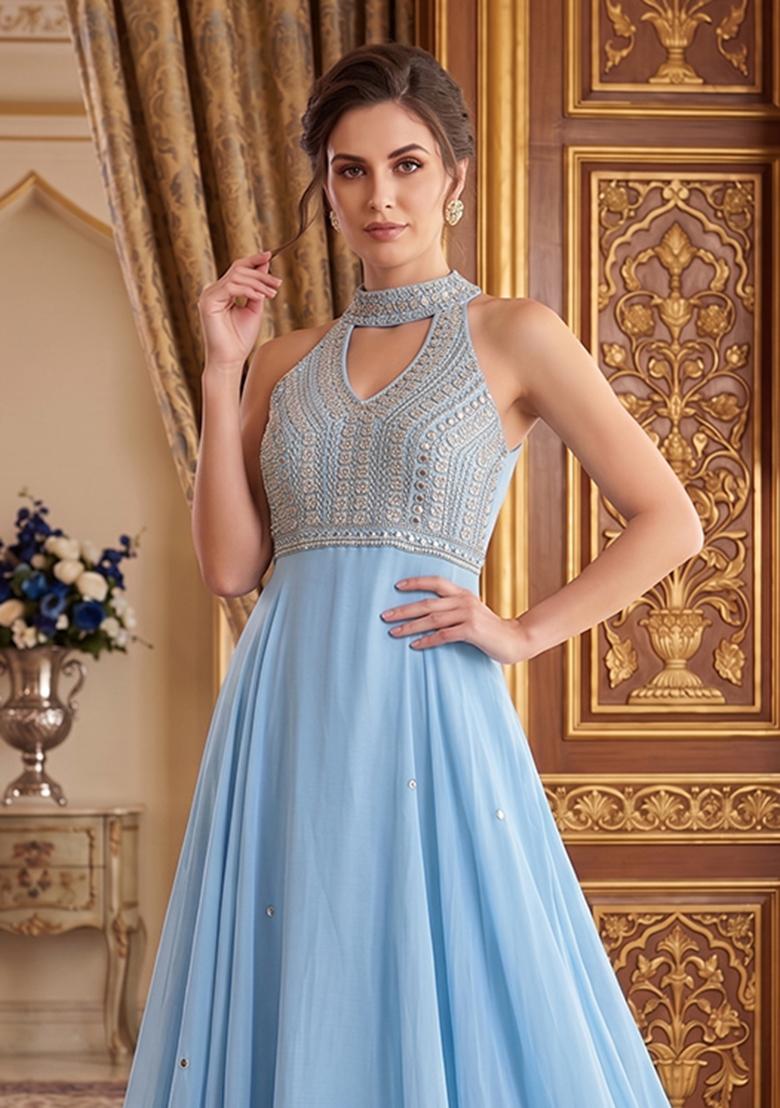 Blue Embroidered Handwork Anarkali With Dupatta - Indya