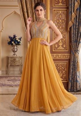Golden Embroidered Handwork Anarkali With Dupatta