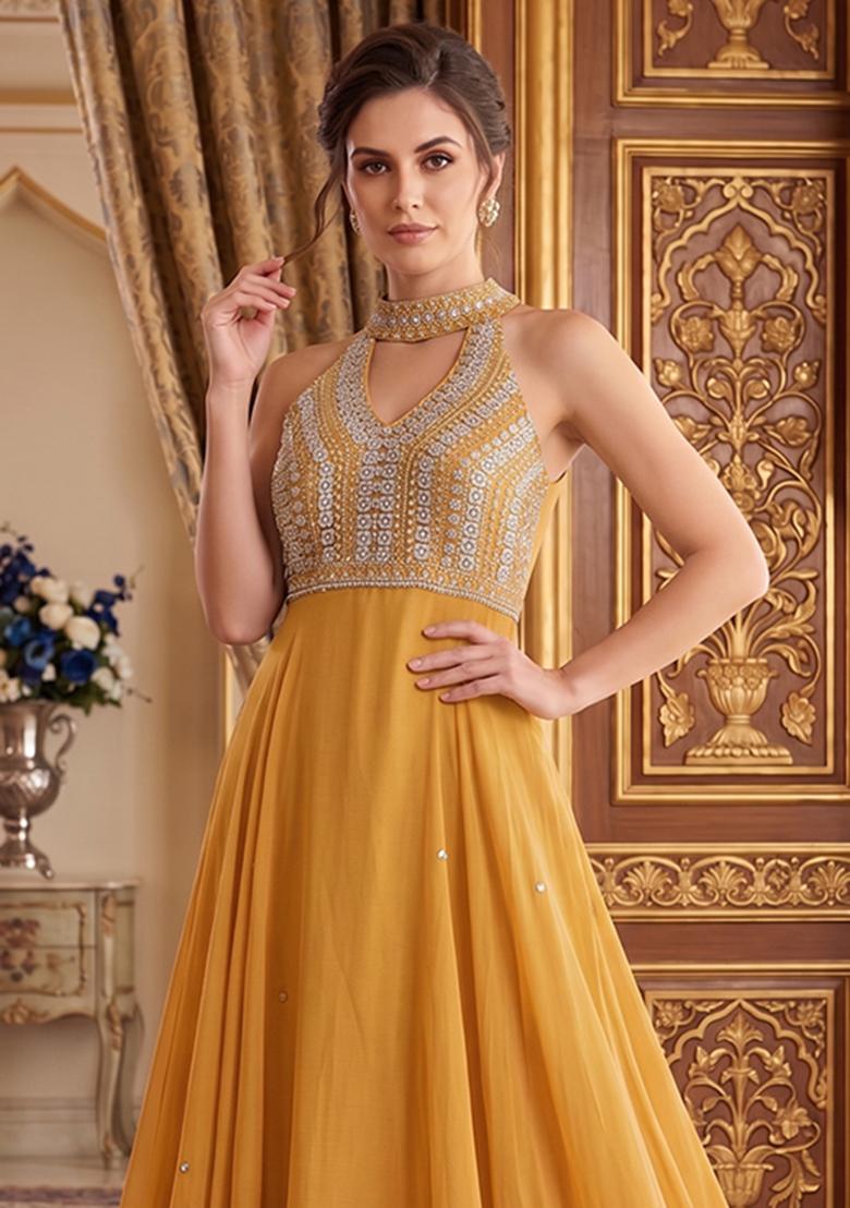 Golden Embroidered Handwork Anarkali With Dupatta - Indya