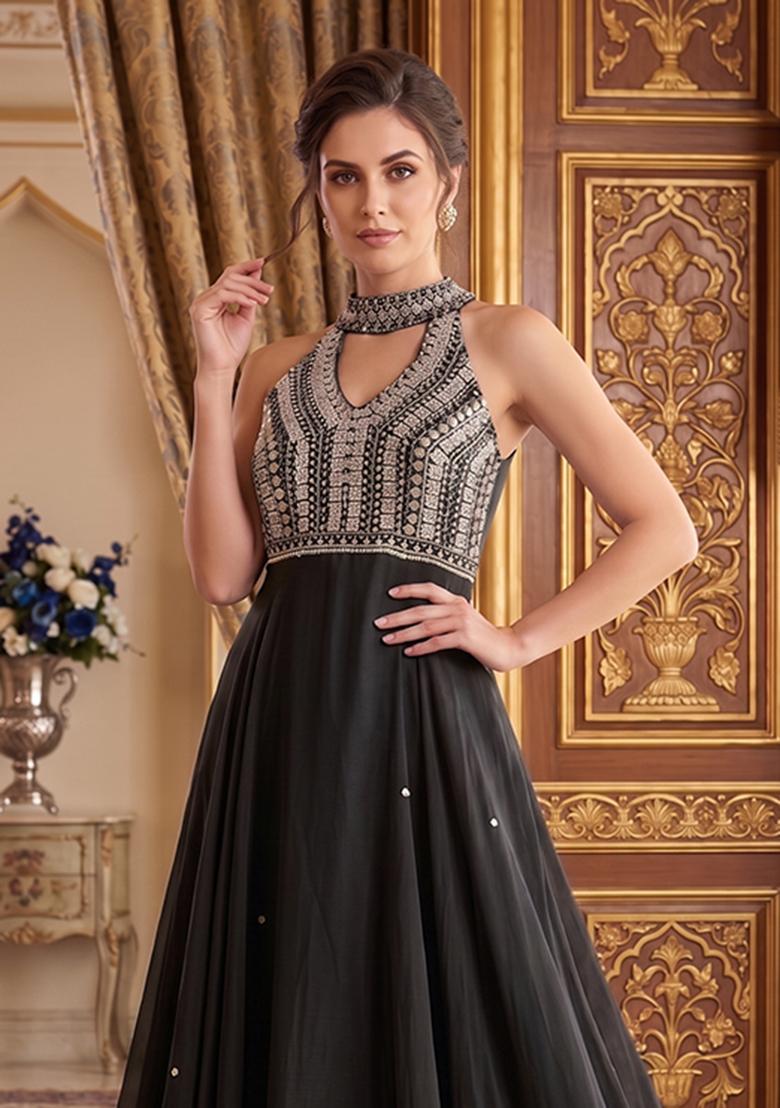 Black Embroidered Handwork Anarkali With Dupatta - Indya