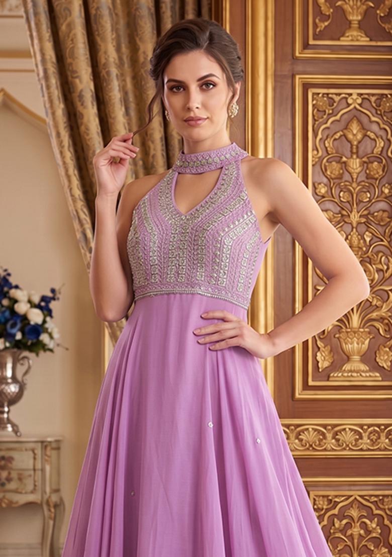 Purple Embroidered Handwork Anarkali With Dupatta - Indya