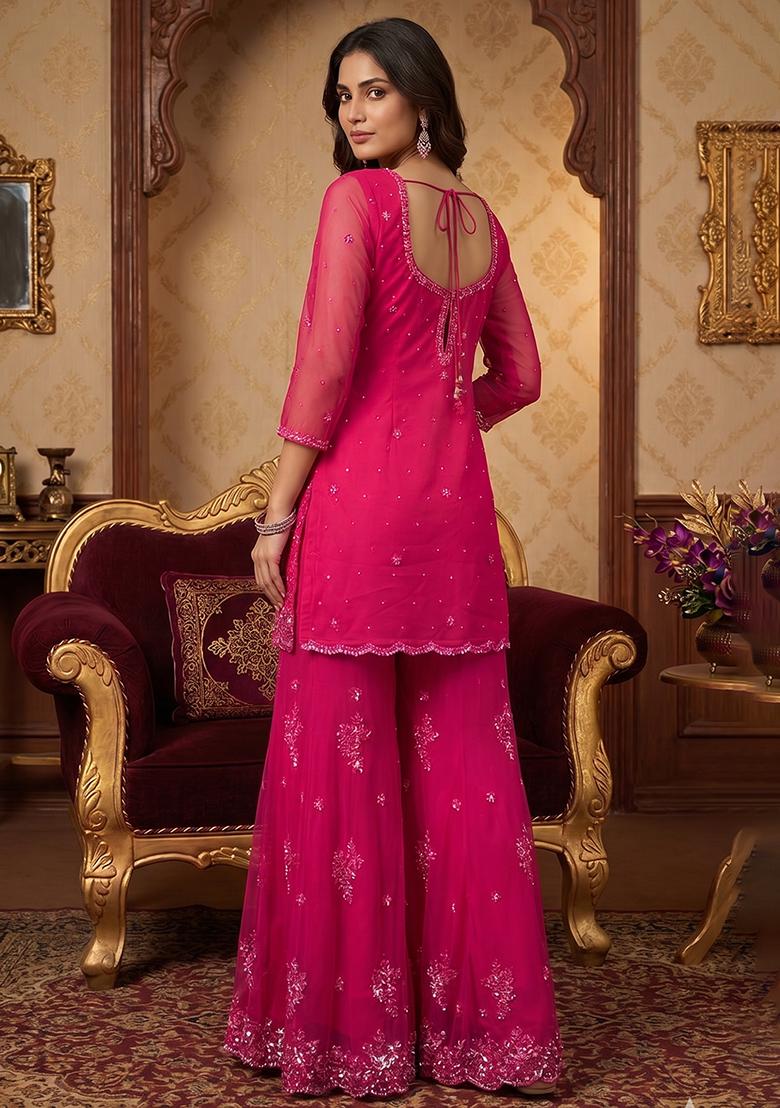 Dark Pink Embroidered Handwork Sharara Set - Indya