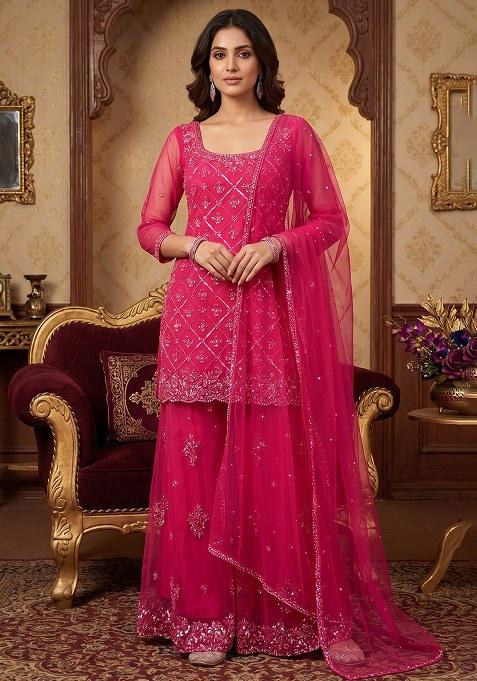 Dark Pink Embroidered Handwork Sharara Set