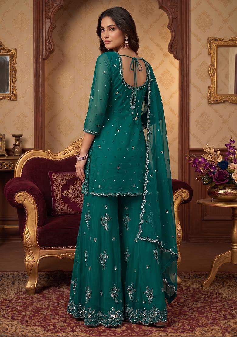 Turquoise Embroidered Handwork Sharara Set - Indya