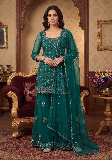 Turquoise Embroidered Handwork Sharara Set
