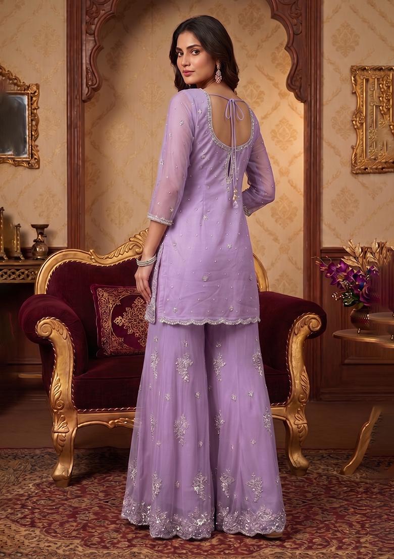 Lavender Embroidered Handwork Sharara Set - Indya