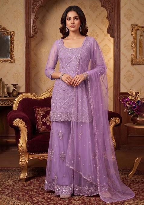 Lavender Embroidered Handwork Sharara Set