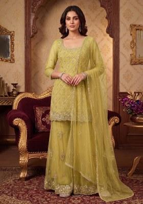 Lime Green Embroidered Handwork Sharara Set
