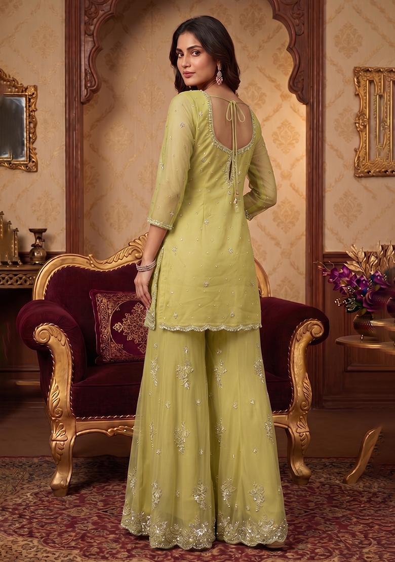 Lime Green Embroidered Handwork Sharara Set - Indya