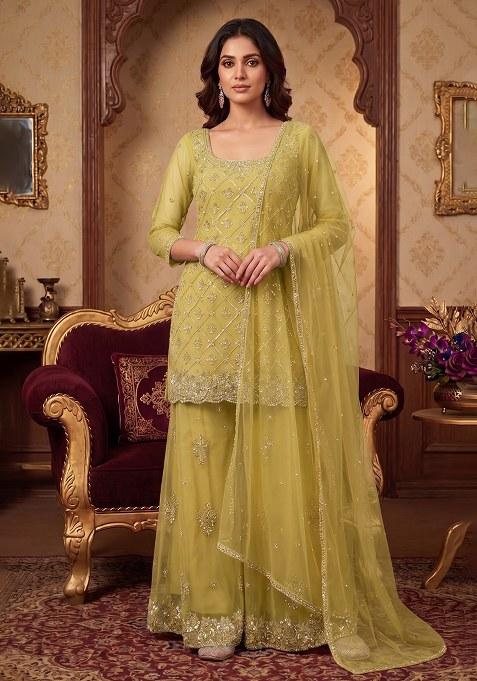 Lime Green Embroidered Handwork Sharara Set