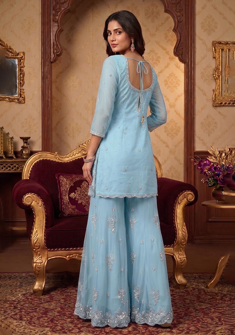Blue Embroidered Handwork Sharara Set - Indya