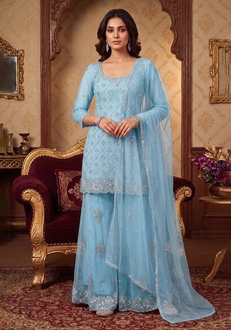 Blue Embroidered Handwork Sharara Set