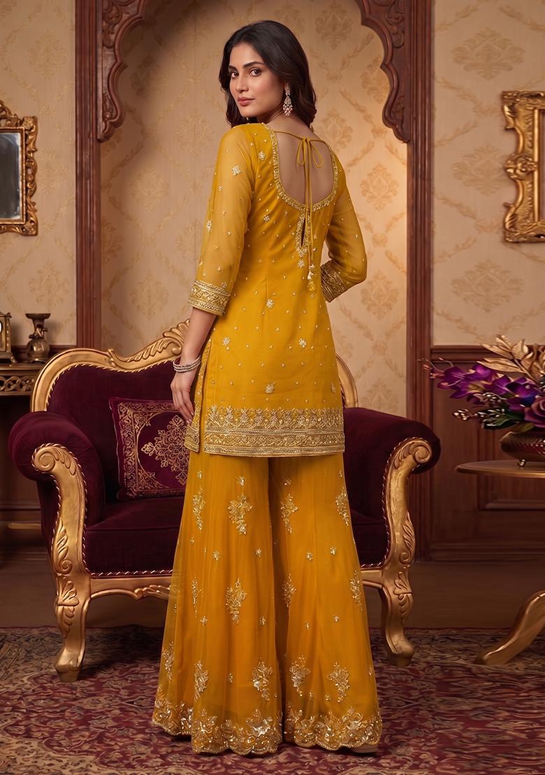 Yellow Embroidered Handwork Sharara Set - Indya