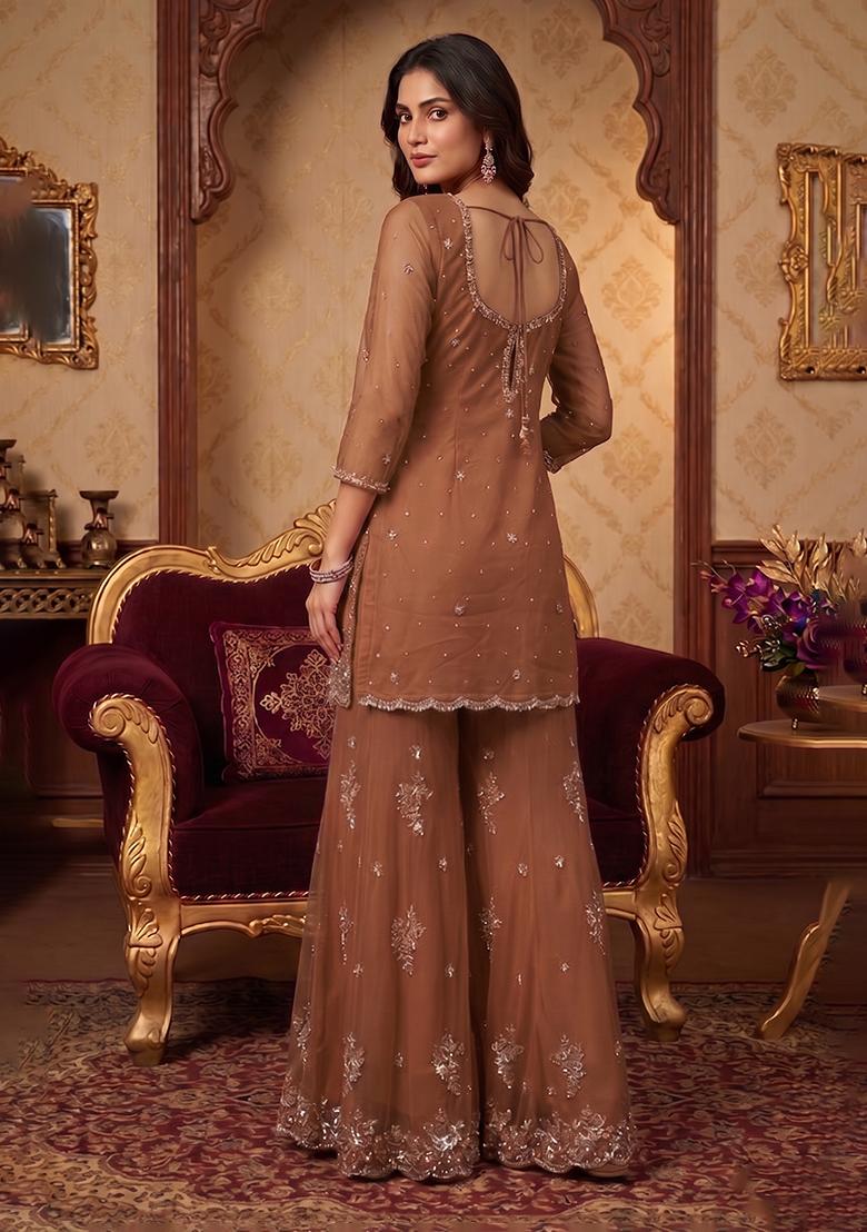 Brown Embroidered Handwork Sharara Set - Indya