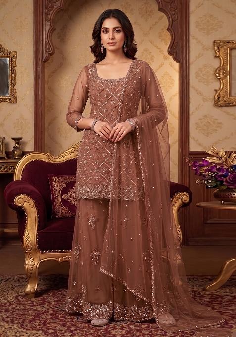 Brown Embroidered Handwork Sharara Set
