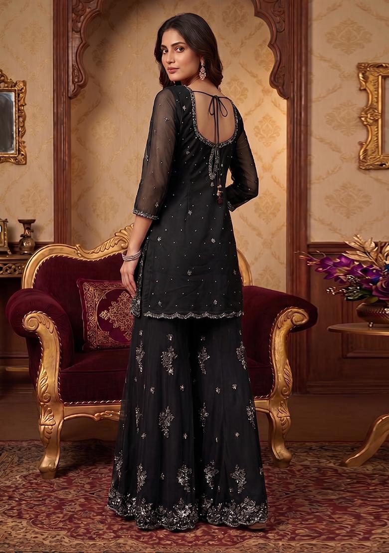 Black Embroidered Handwork Sharara Set - Indya