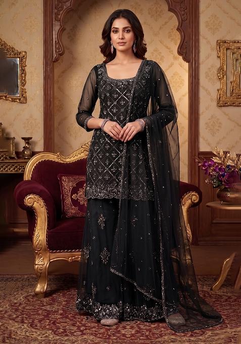 Black Embroidered Handwork Sharara Set