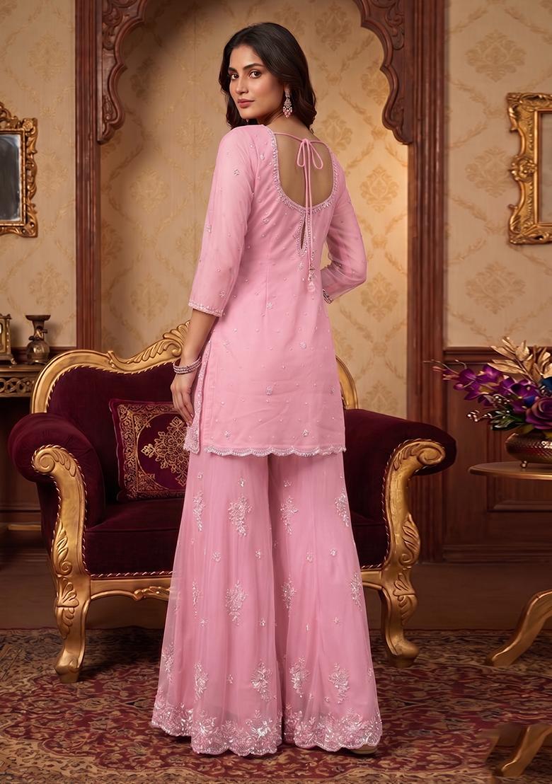 Pink Embroidered Handwork Sharara Set - Indya