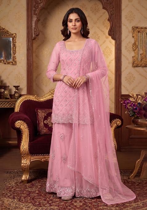 Pink Embroidered Handwork Sharara Set