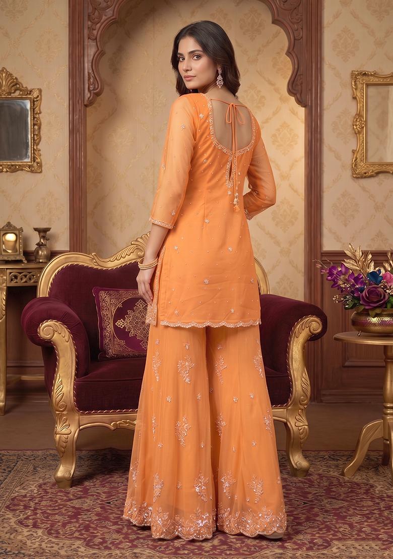 Orange Embroidered Handwork Sharara Set - Indya