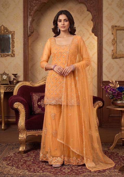 Orange Embroidered Handwork Sharara Set