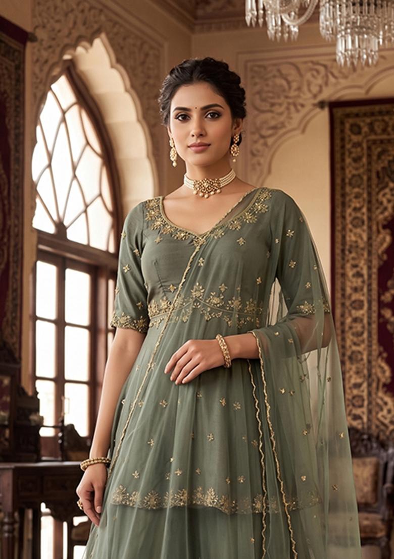 Grey Embroidered Handwork Sharara Set - Indya