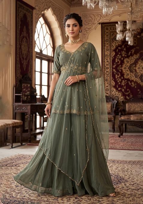 Grey Embroidered Handwork Sharara Set