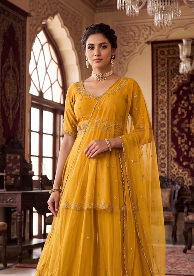 Yellow Embroidered Handwork Sharara Set - Indya