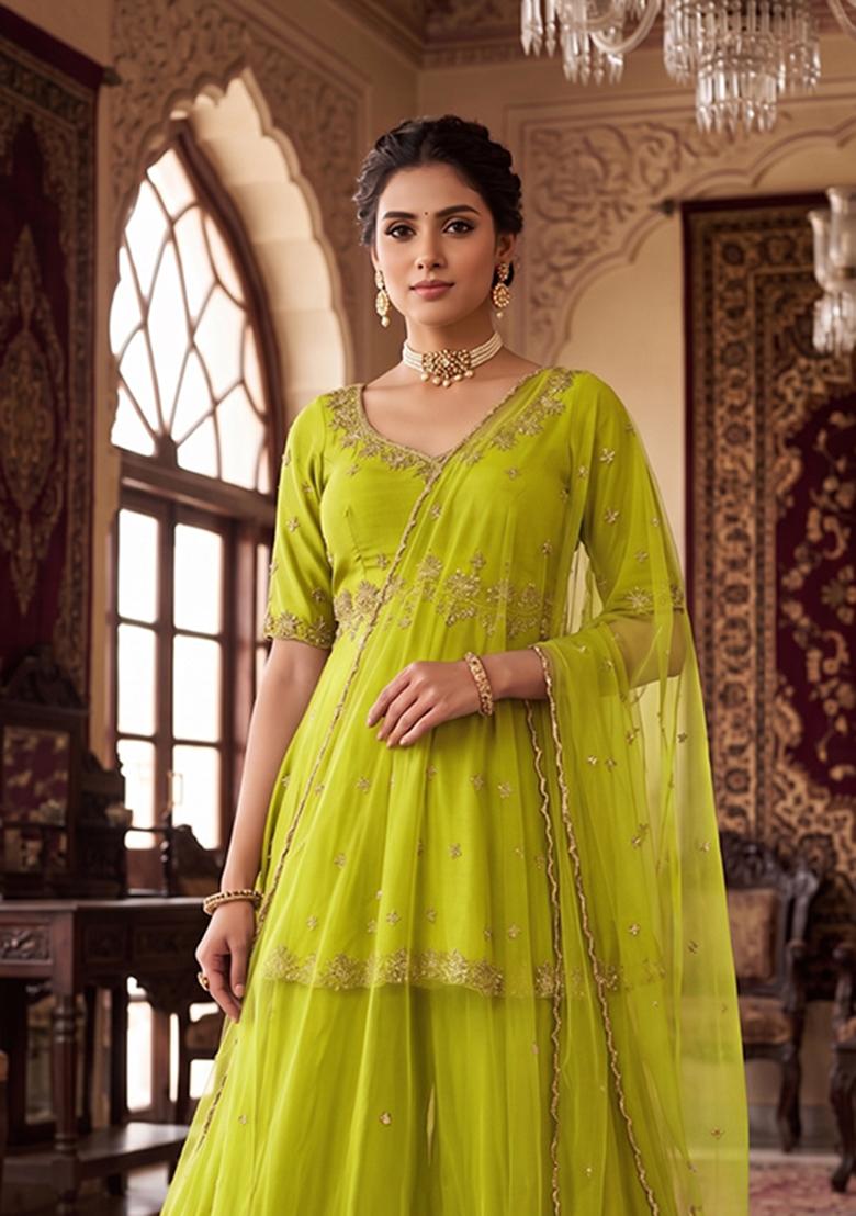Green Embroidered Handwork Sharara Set - Indya