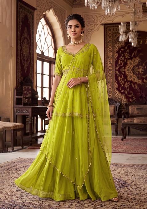 Green Embroidered Handwork Sharara Set