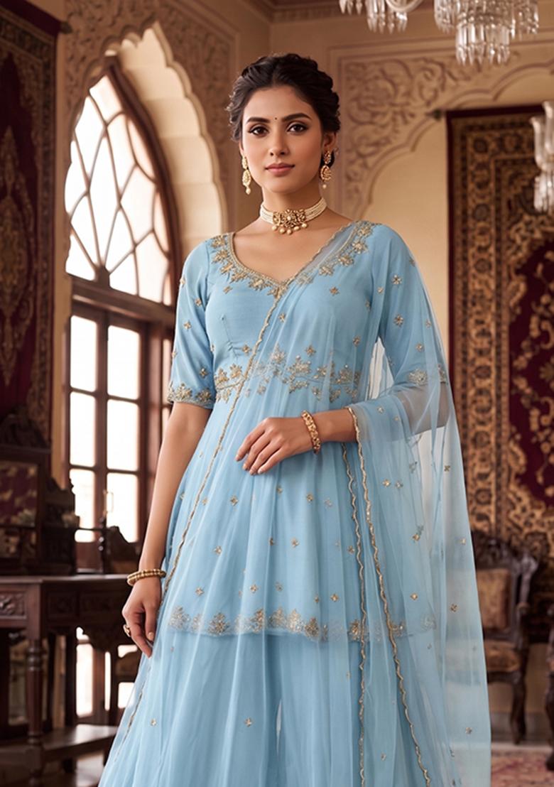 Blue Embroidered Handwork Sharara Set - Indya