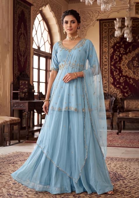 Blue Embroidered Handwork Sharara Set