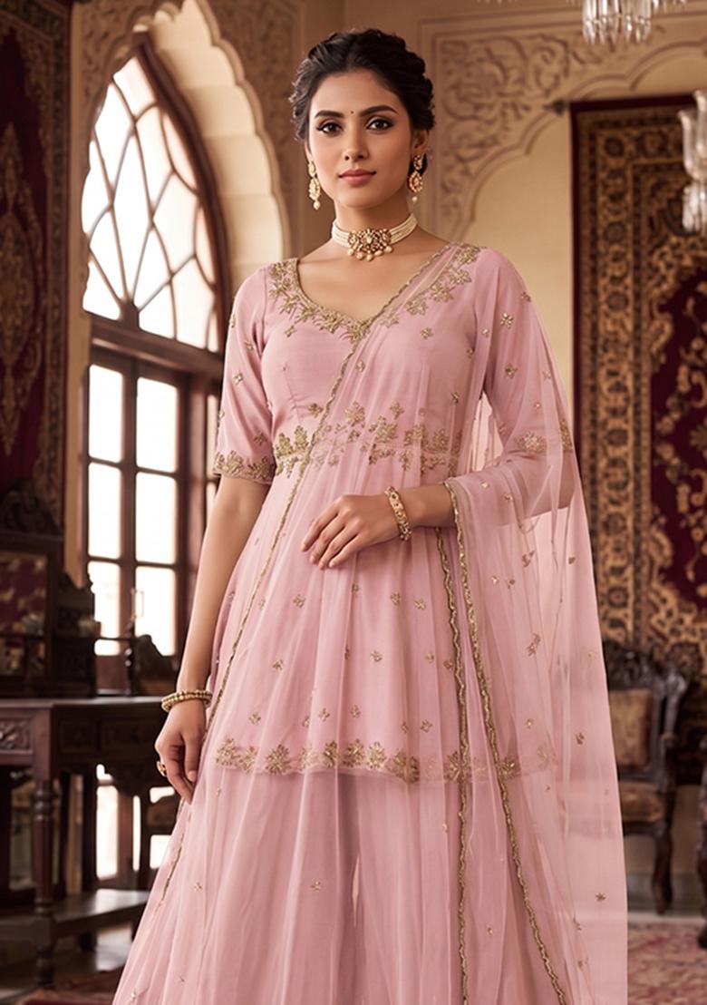 Pink Embroidered Handwork Sharara Set - Indya