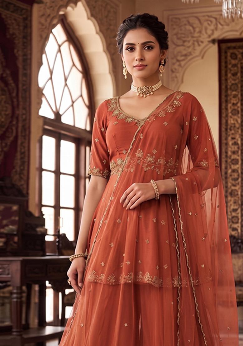 Burnt Orange Embroidered Handwork Sharara Set - Indya