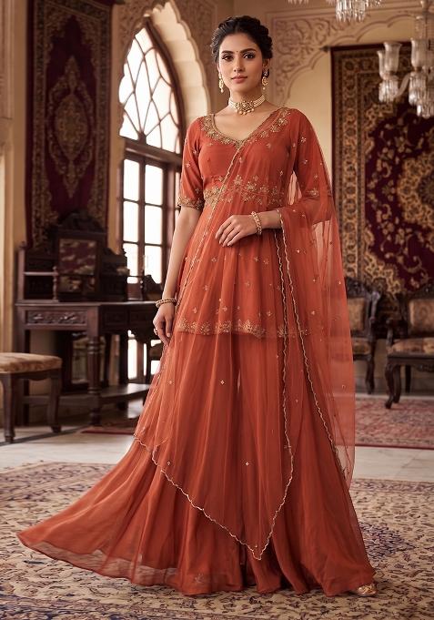 Burnt Orange Embroidered Handwork Sharara Set