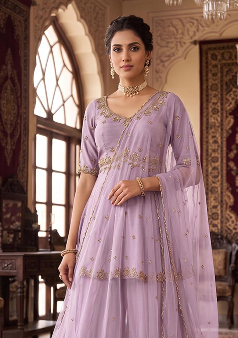 Lavender Embroidered Handwork Sharara Set - Indya