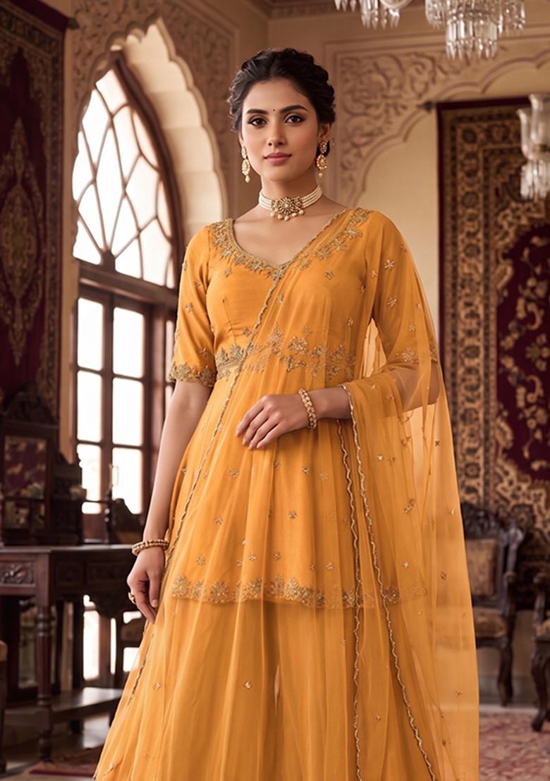 Orange Embroidered Handwork Sharara Set - Indya